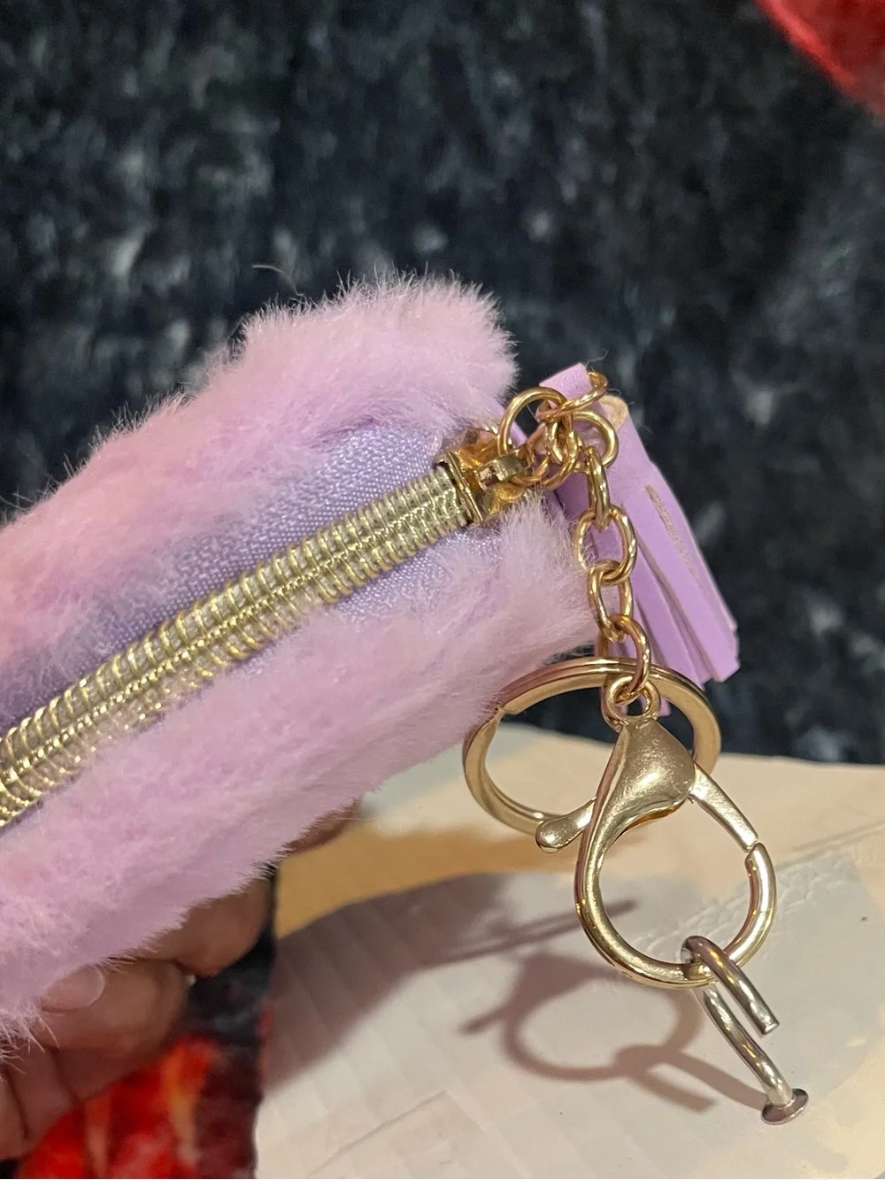 Lavender Faux Fur Pouch Keychain with Pearl & Rhinestone Accent